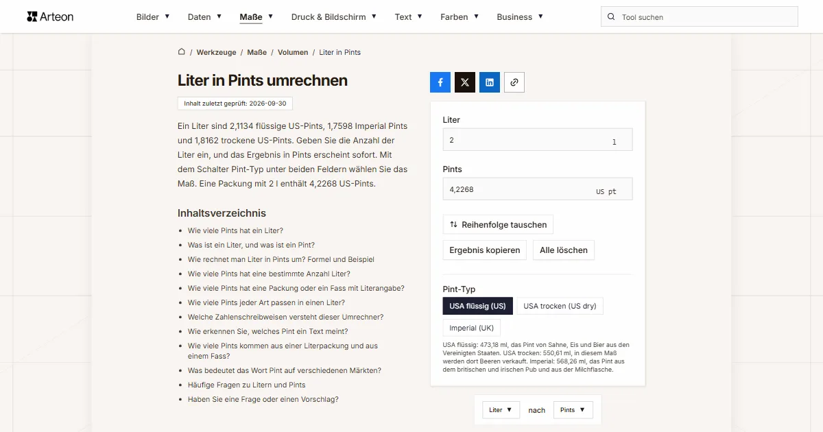 Screenshot des kostenlosen Arteon-Werkzeugs: Liter in Pints umrechnen