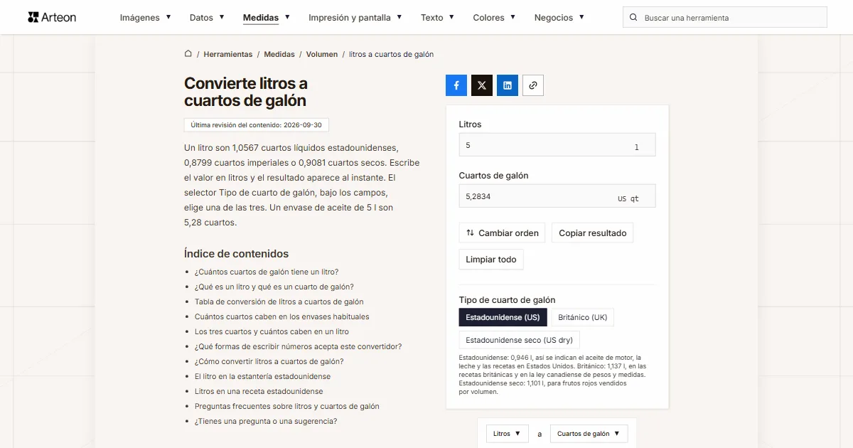 Captura de pantalla de la herramienta gratuita de Arteon: Convierte litros a cuartos de galón
