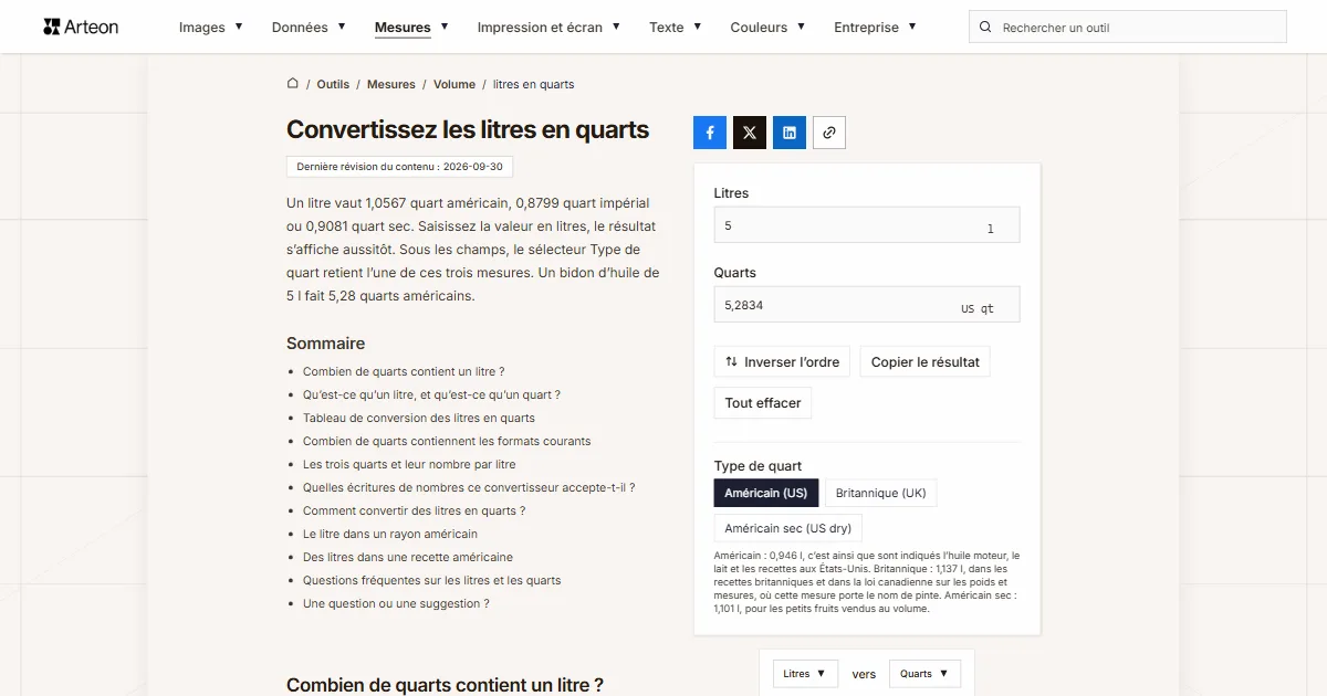 Capture d'écran de l'outil gratuit d'Arteon: Convertissez les litres en quarts