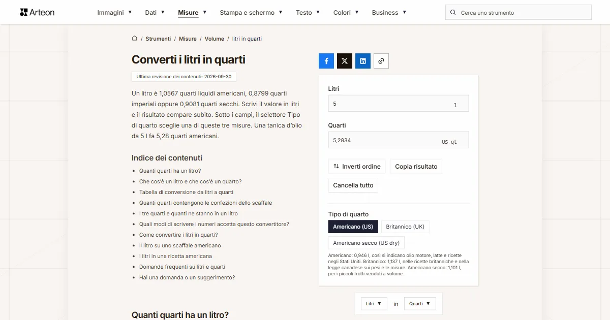 Screenshot dello strumento gratuito Arteon: Converti i litri in quarti