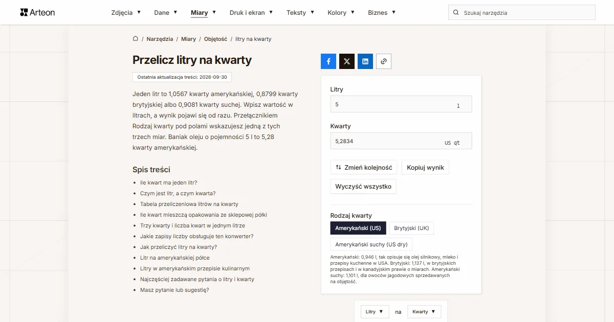 Zrzut ekranu darmowego narzędzia Arteon: Przelicz litry na kwarty