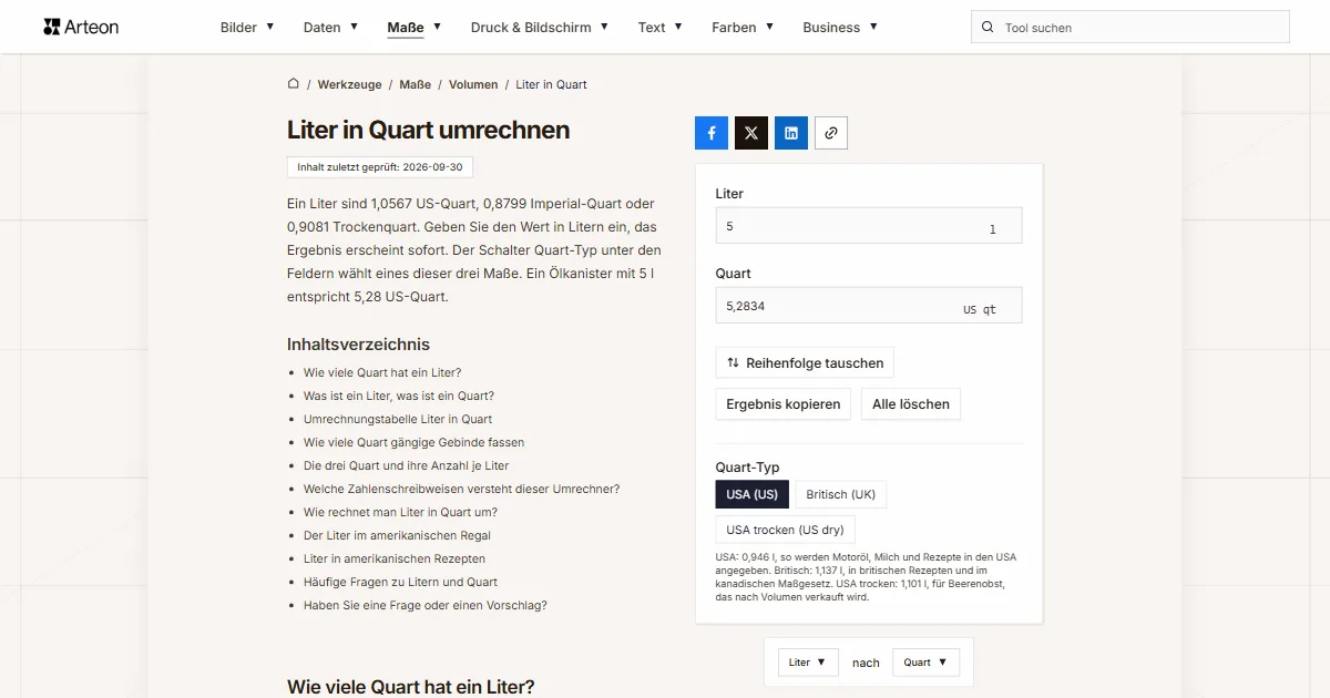 Screenshot des kostenlosen Arteon-Werkzeugs: Liter in Quart umrechnen