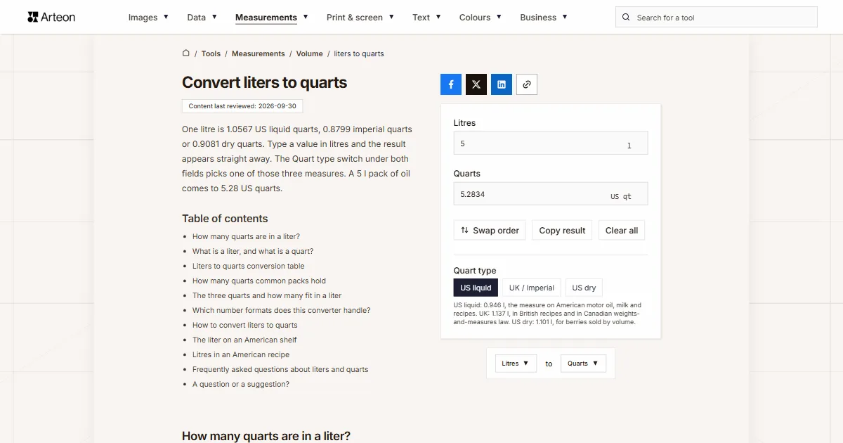Arteon free tool screenshot: Convert liters to quarts