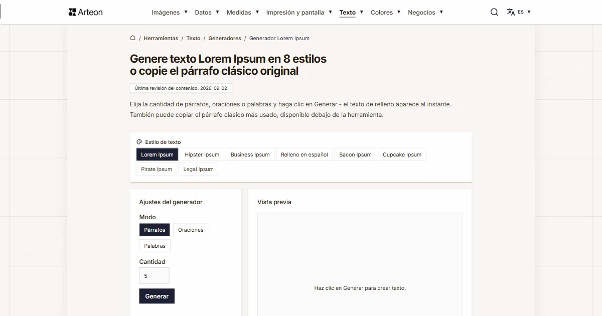 Captura de pantalla de la herramienta gratuita de Arteon: Generador Lorem Ipsum