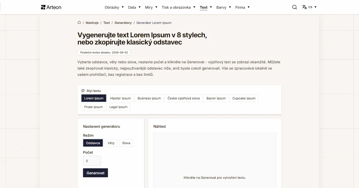 Snímek obrazovky bezplatného nástroje Arteon: Generátor Lorem Ipsum