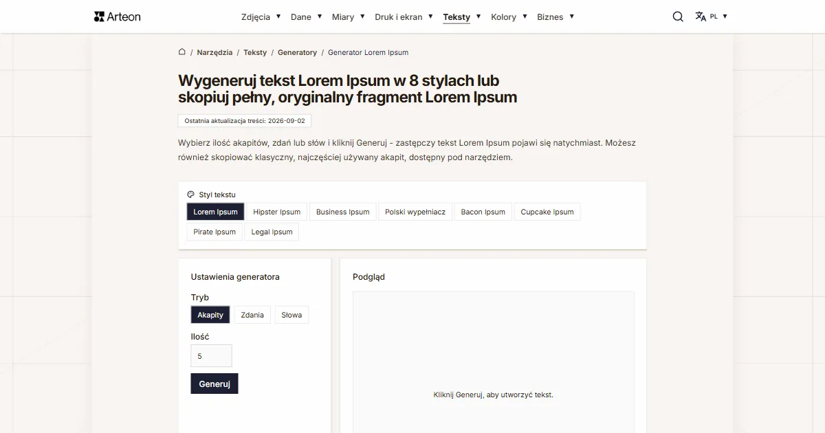 Zrzut ekranu darmowego narzędzia Arteon: Wygeneruj tekst Lorem Ipsum w 8 stylach lub skopiuj pełny, oryginalny fragment Lorem Ipsum