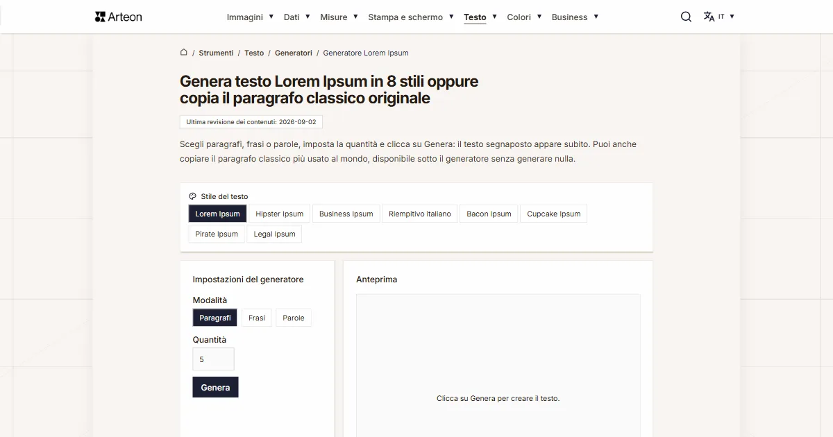 Screenshot dello strumento gratuito Arteon: Genera testo Lorem Ipsum in 8 stili oppure copia il paragrafo classico originale