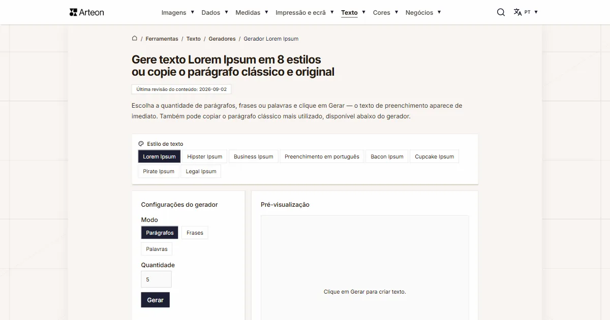 Captura de ecrã da ferramenta gratuita da Arteon: Gerador Lorem Ipsum