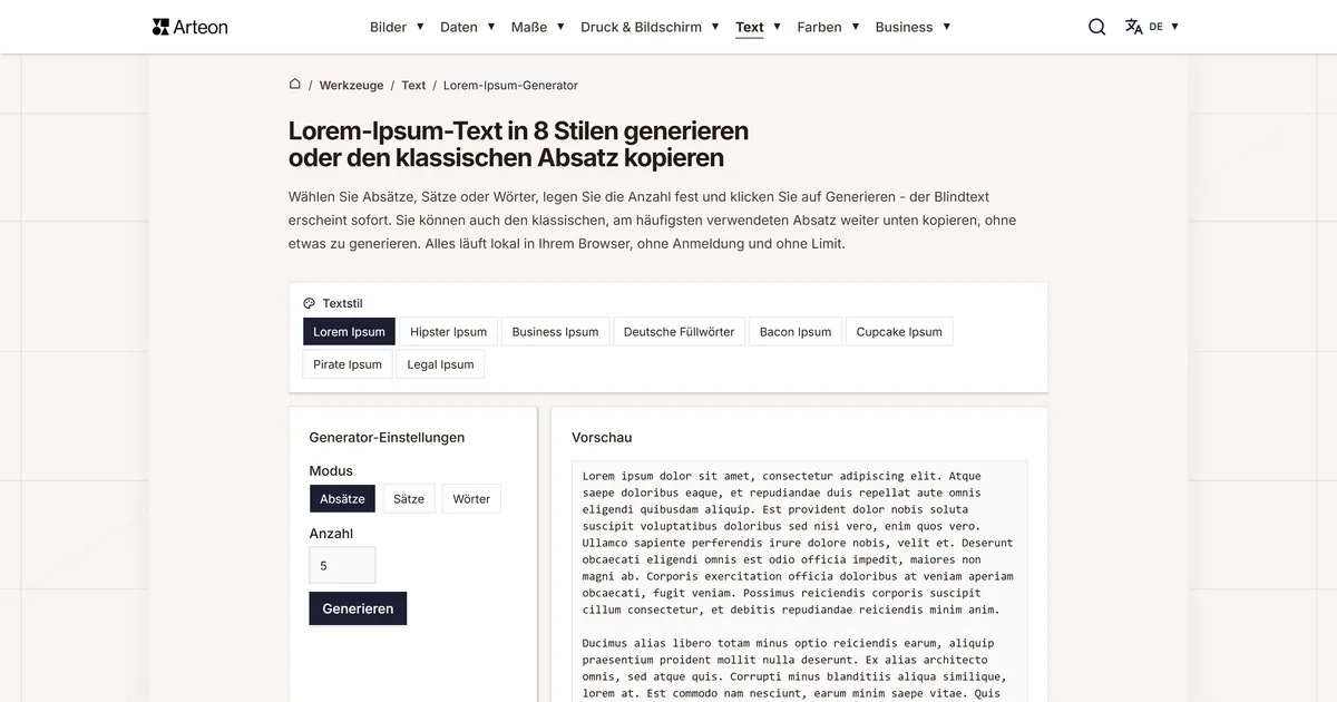 Screenshot des kostenlosen Arteon-Werkzeugs: Lorem-Ipsum-Generator