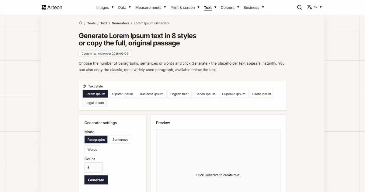 Arteon free tool screenshot: Generate Lorem Ipsum text in 8 styles or copy the full, original passage
