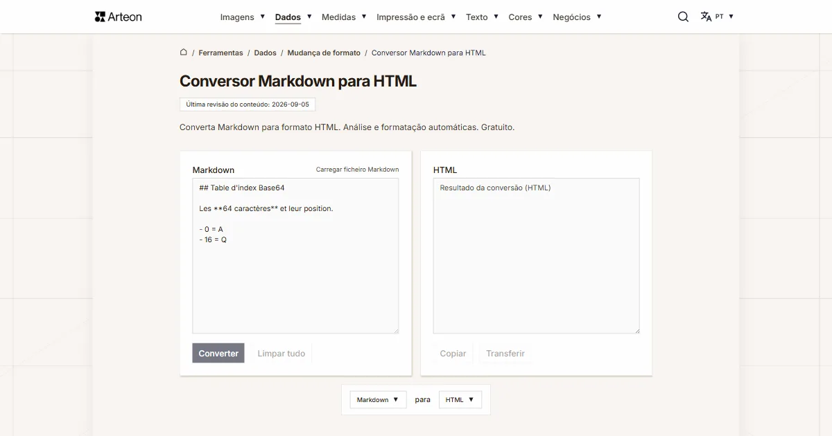 Captura de ecrã da ferramenta gratuita da Arteon: Conversor Markdown para HTML