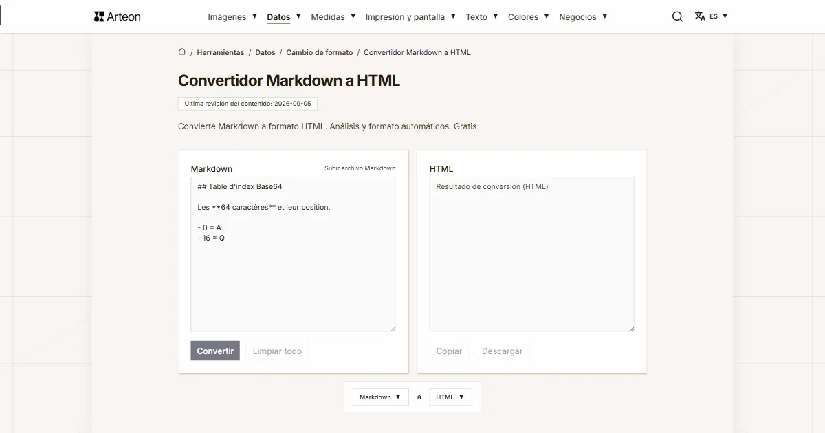 Captura de pantalla de la herramienta gratuita de Arteon: Convertidor Markdown a HTML