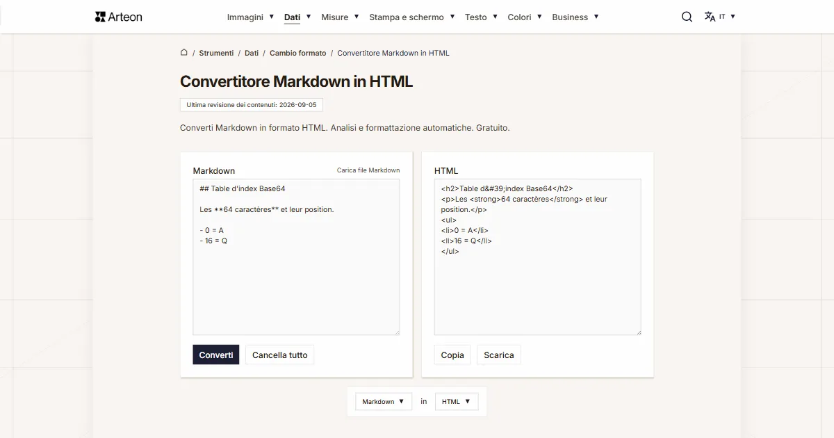 Screenshot dello strumento gratuito Arteon: Convertitore Markdown in HTML
