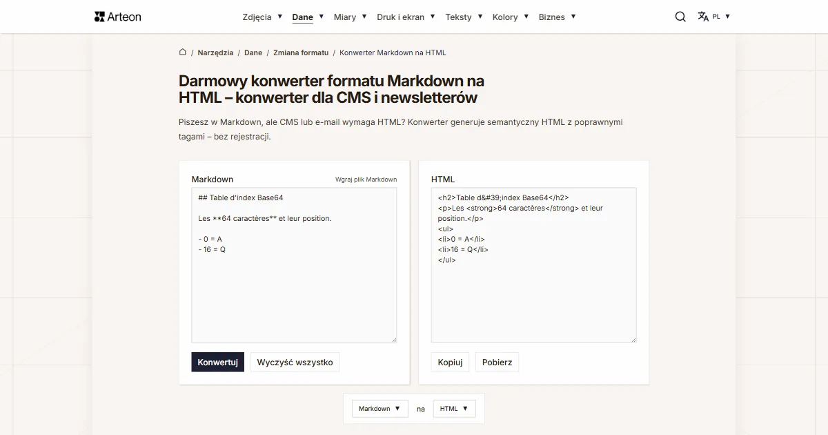 Zrzut ekranu darmowego narzędzia Arteon: Darmowy konwerter formatu Markdown na HTML – konwerter dla CMS i newsletterów
