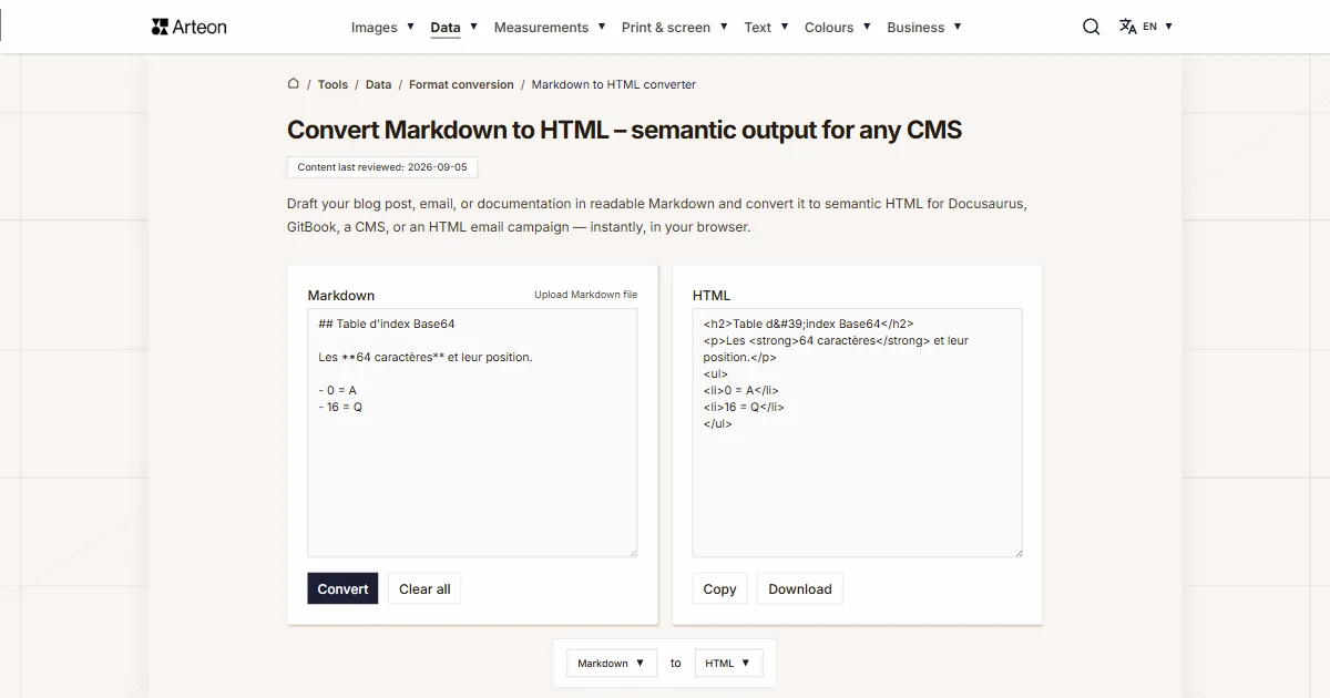 Arteon free tool screenshot: Convert Markdown to HTML – semantic output for any CMS