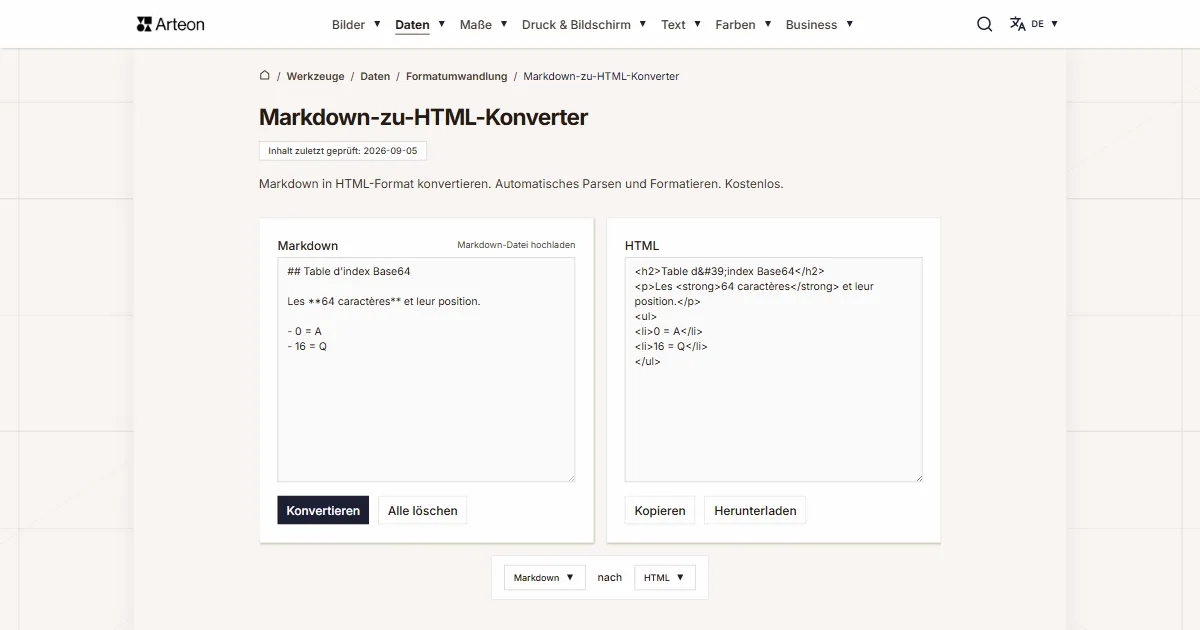 Screenshot des kostenlosen Arteon-Werkzeugs: Markdown-zu-HTML-Konverter
