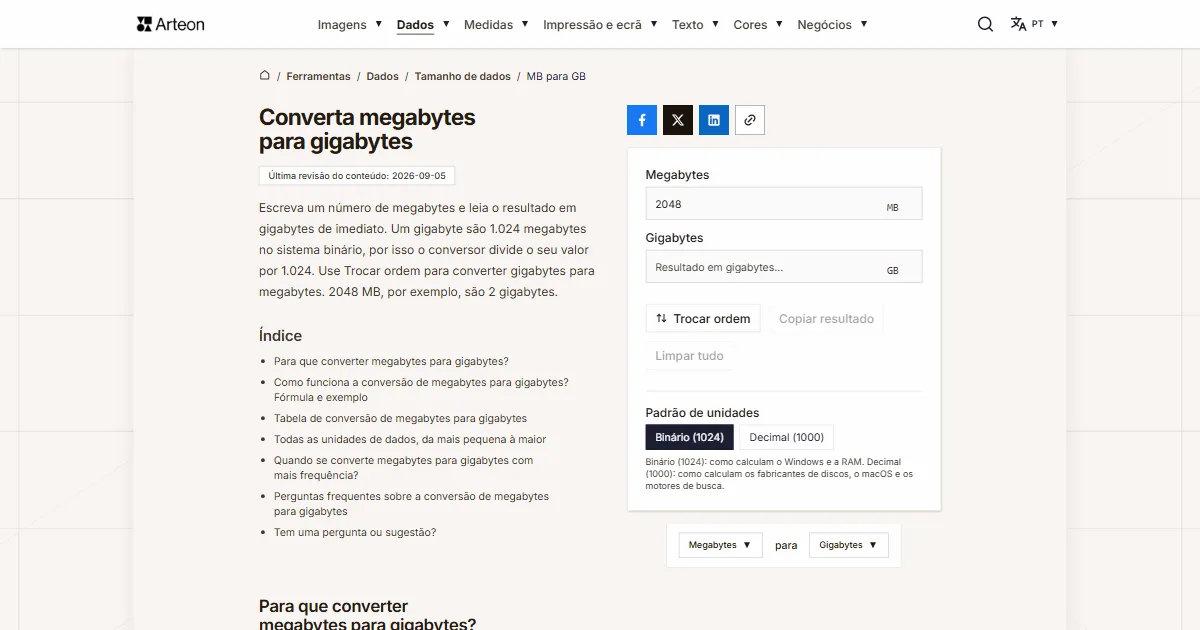Captura de ecrã da ferramenta gratuita da Arteon: Converta megabytes para gigabytes