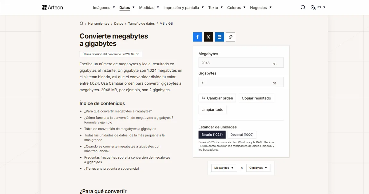 Captura de pantalla de la herramienta gratuita de Arteon: Convierte megabytes a gigabytes