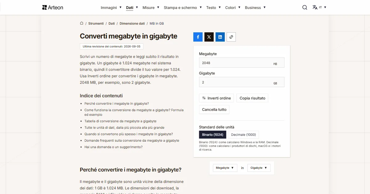 Screenshot dello strumento gratuito Arteon: Converti megabyte in gigabyte