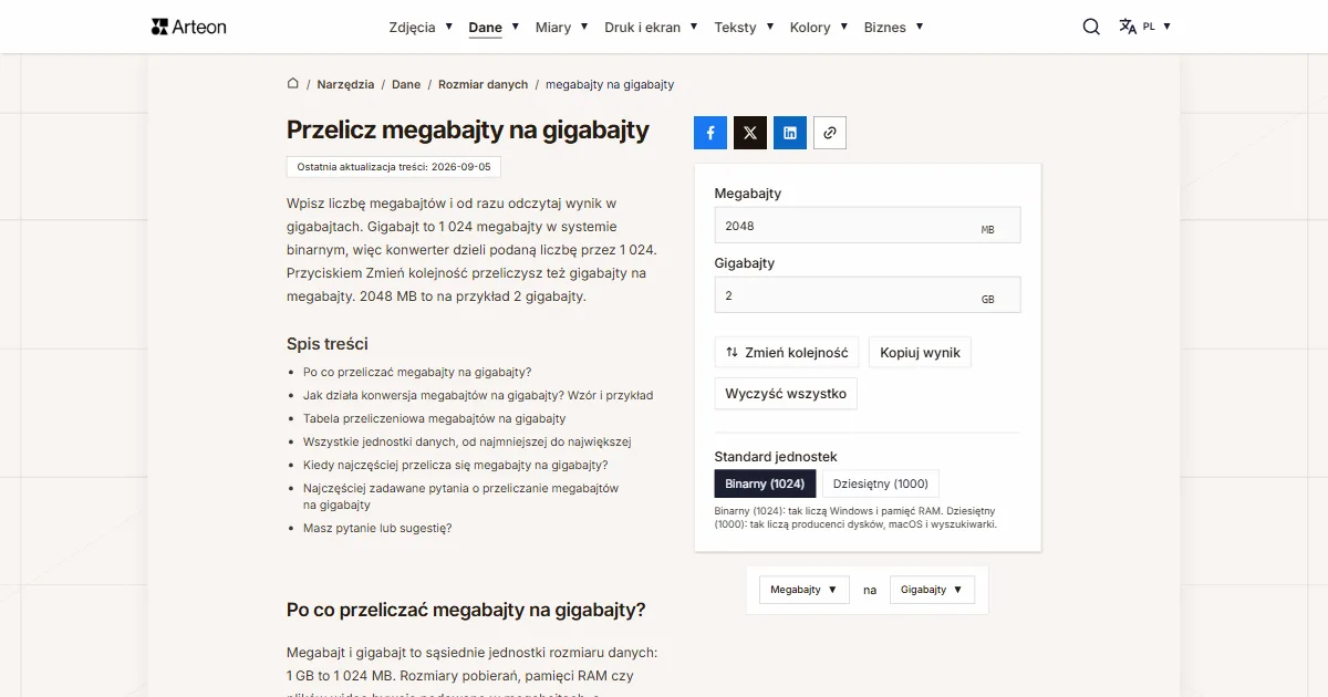Zrzut ekranu darmowego narzędzia Arteon: Przelicz megabajty na gigabajty