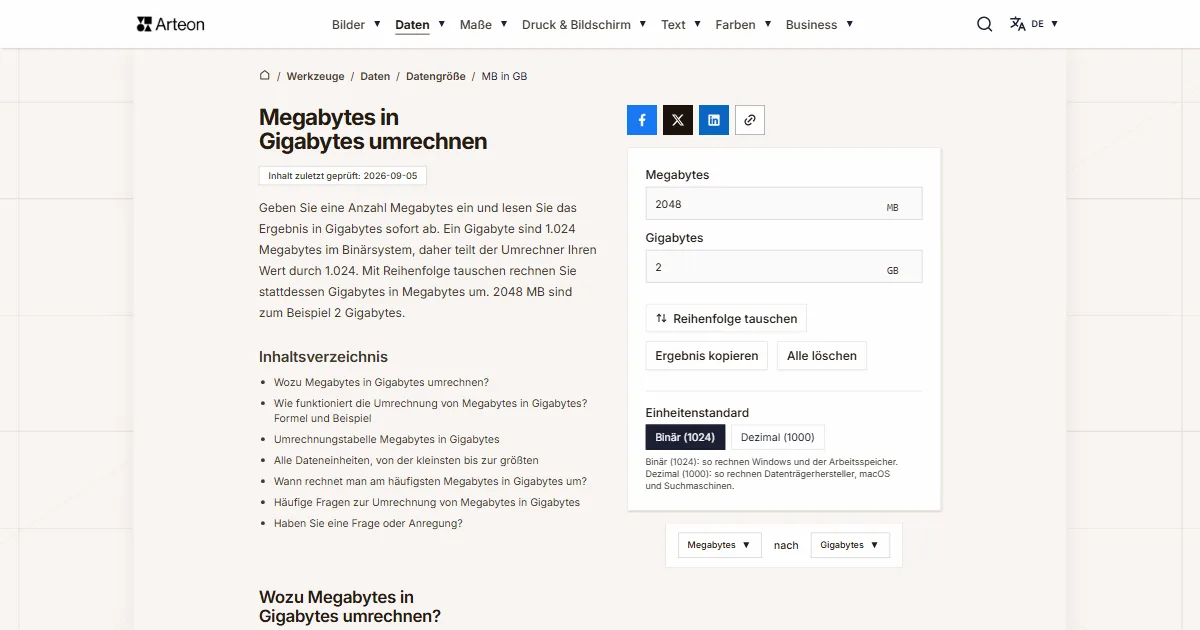 Screenshot des kostenlosen Arteon-Werkzeugs: Megabytes in Gigabytes umrechnen