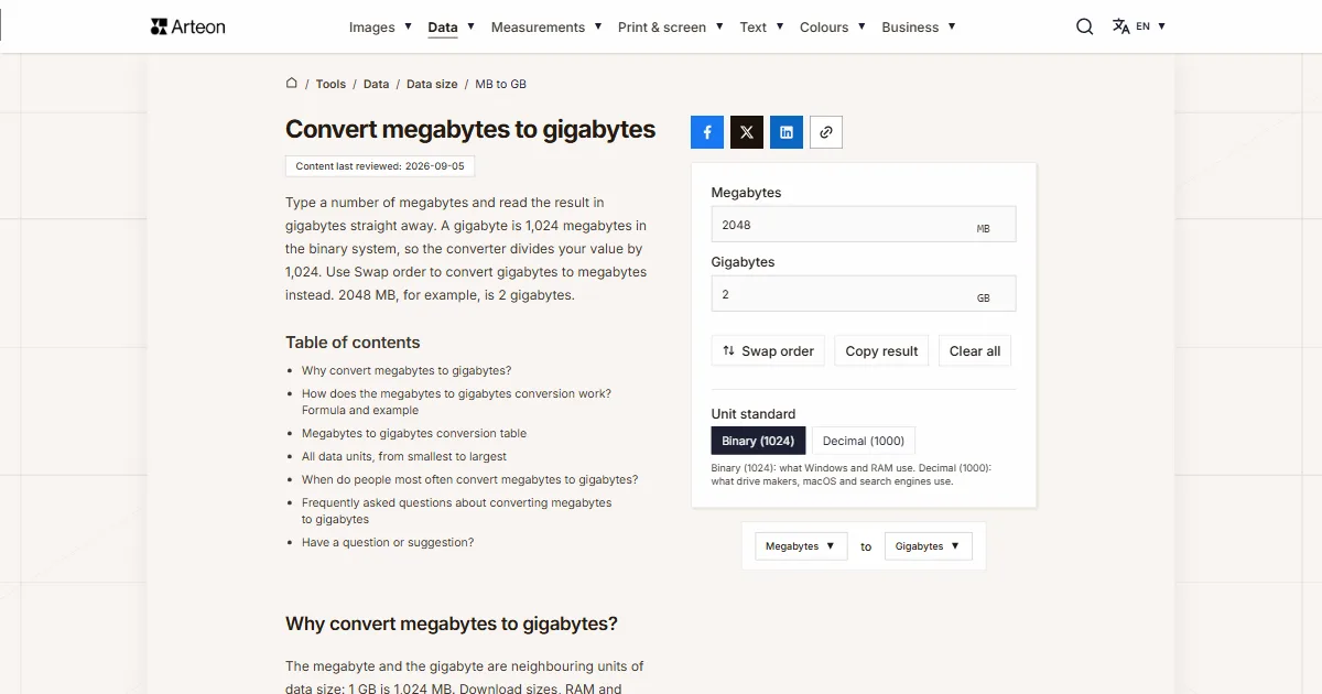Arteon free tool screenshot: Convert megabytes to gigabytes