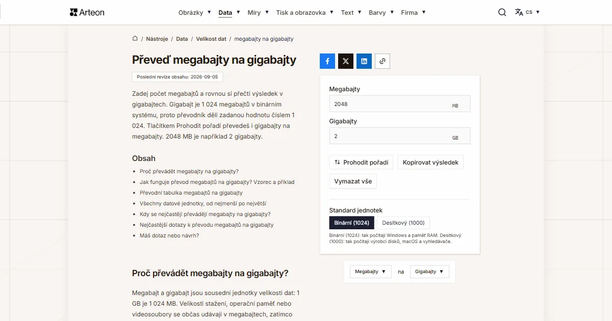 Snímek obrazovky bezplatného nástroje Arteon: Převeď megabajty na gigabajty