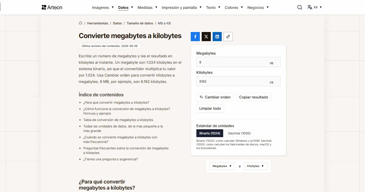 Captura de pantalla de la herramienta gratuita de Arteon: Convierte megabytes a kilobytes
