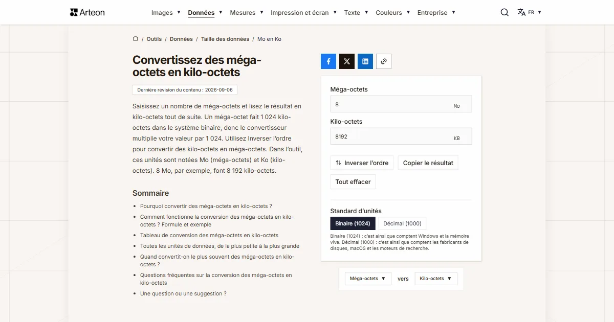 Capture d'écran de l'outil gratuit d'Arteon: Convertissez des méga-octets en kilo-octets