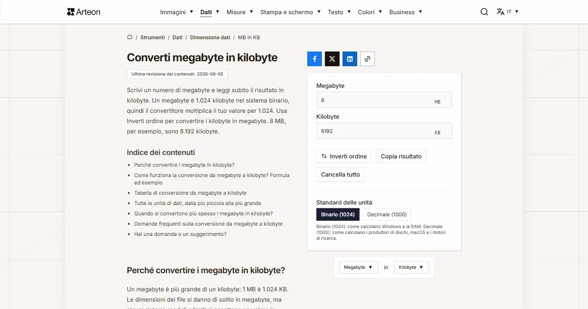 Screenshot dello strumento gratuito Arteon: Converti megabyte in kilobyte