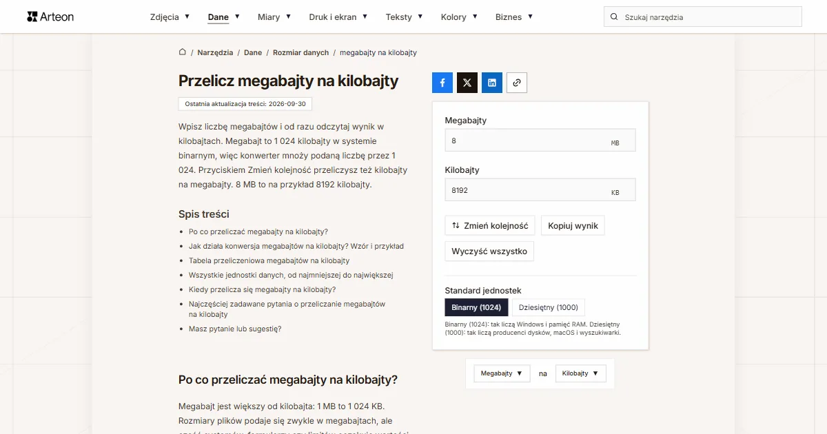 Zrzut ekranu darmowego narzędzia Arteon: Przelicz megabajty na kilobajty