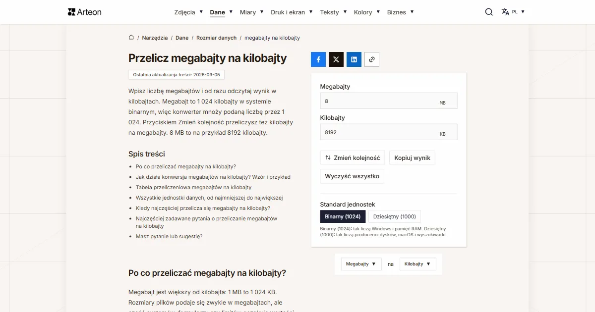 Zrzut ekranu darmowego narzędzia Arteon: Przelicz megabajty na kilobajty