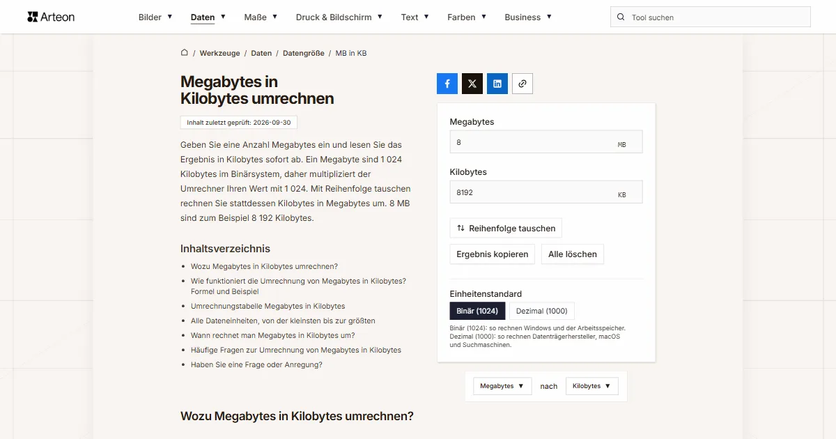 Screenshot des kostenlosen Arteon-Werkzeugs: Megabytes in Kilobytes umrechnen
