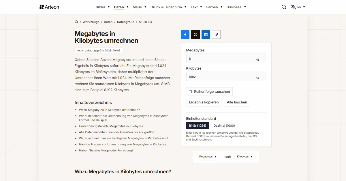 Screenshot des kostenlosen Arteon-Werkzeugs: Megabytes in Kilobytes umrechnen