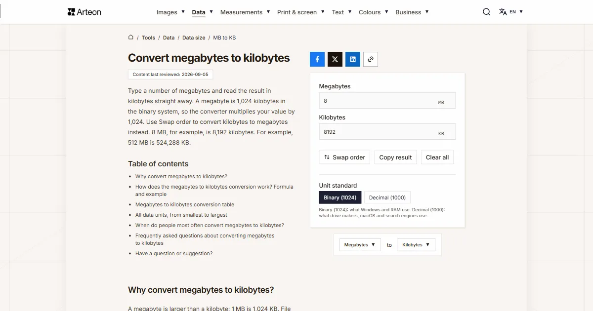 Arteon free tool screenshot: Convert megabytes to kilobytes