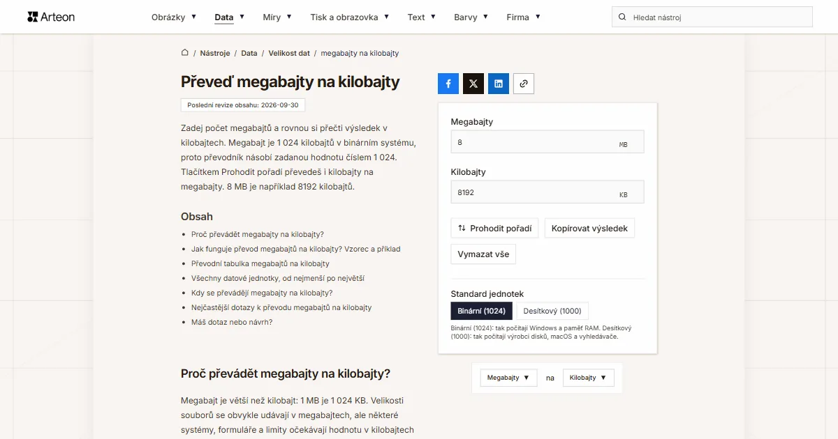 Snímek obrazovky bezplatného nástroje Arteon: Převeď megabajty na kilobajty