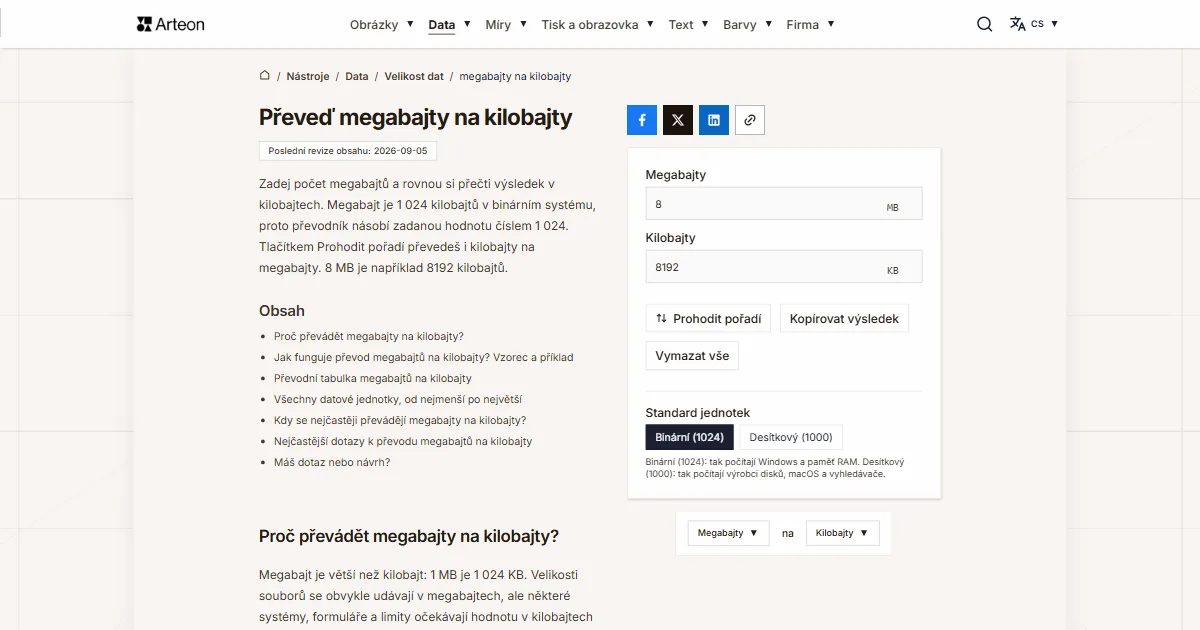 Snímek obrazovky bezplatného nástroje Arteon: Převeď megabajty na kilobajty