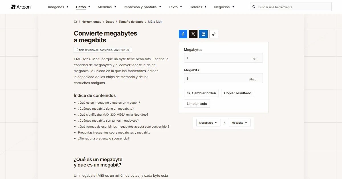 Captura de pantalla de la herramienta gratuita de Arteon: Convierte megabytes a megabits