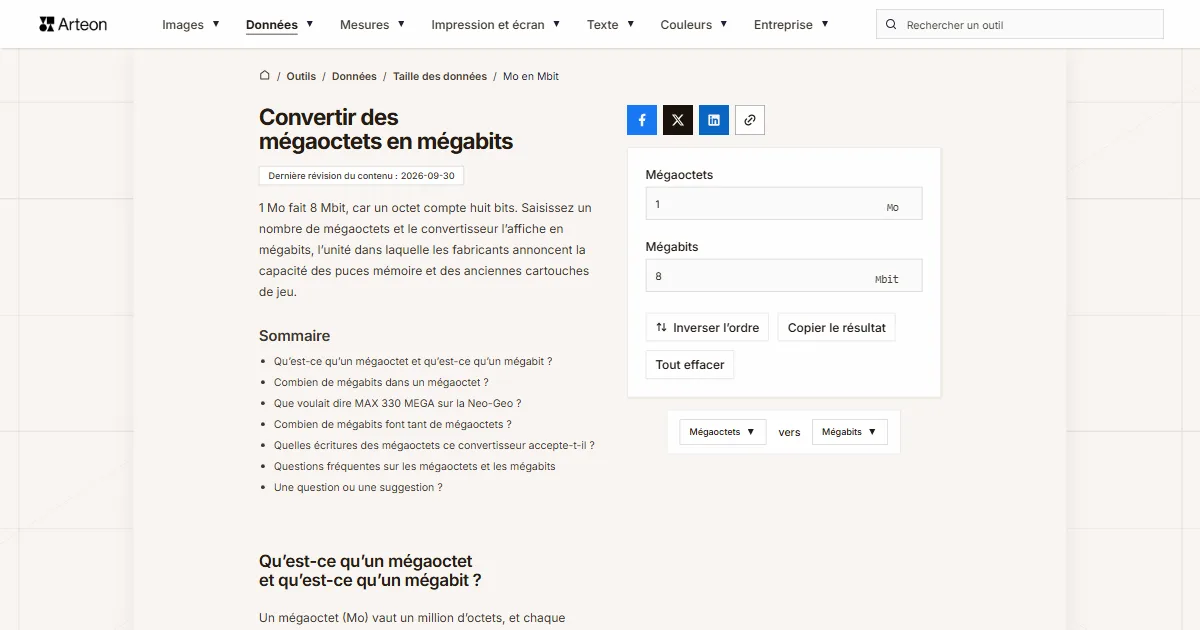 Capture d'écran de l'outil gratuit d'Arteon: Convertir des mégaoctets en mégabits