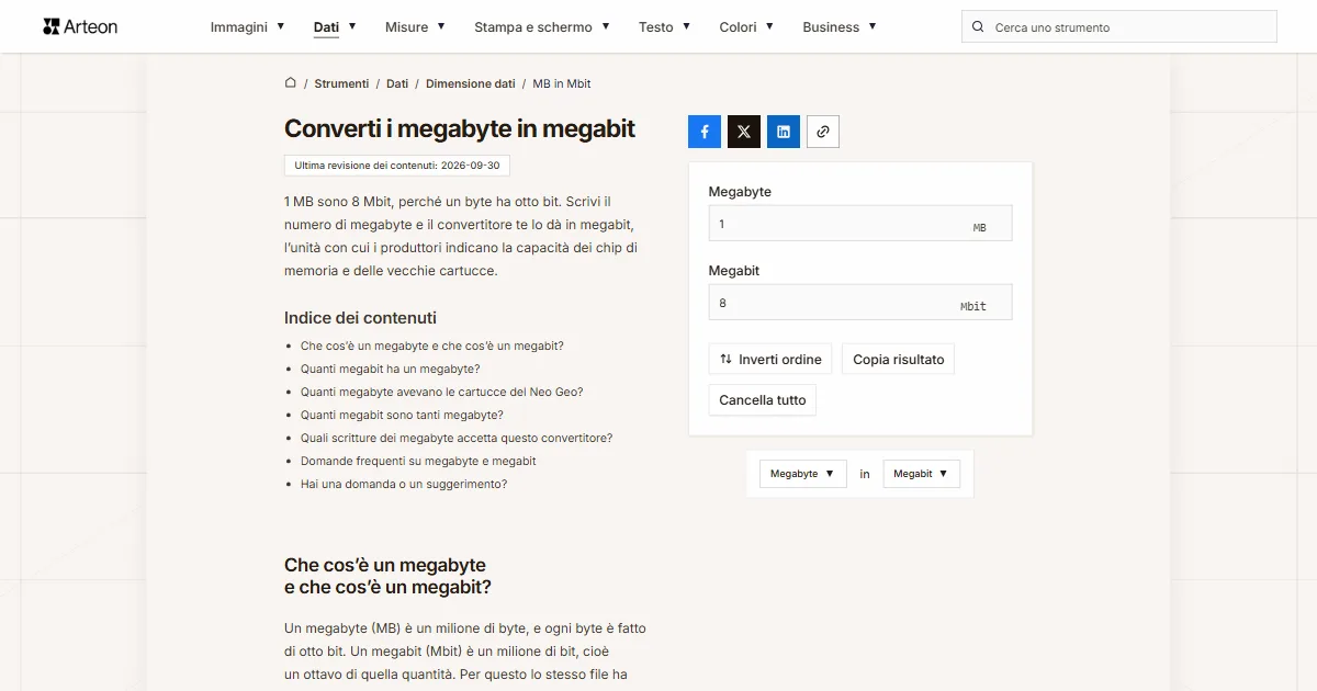 Screenshot dello strumento gratuito Arteon: Converti i megabyte in megabit