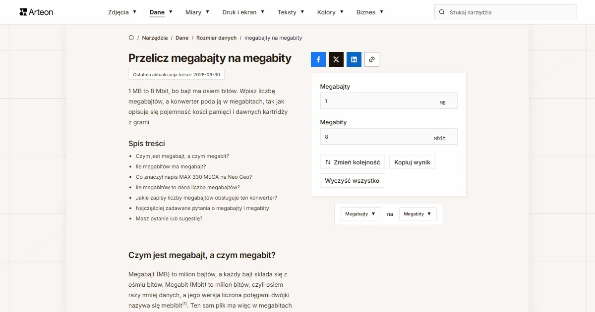 Zrzut ekranu darmowego narzędzia Arteon: Przelicz megabajty na megabity