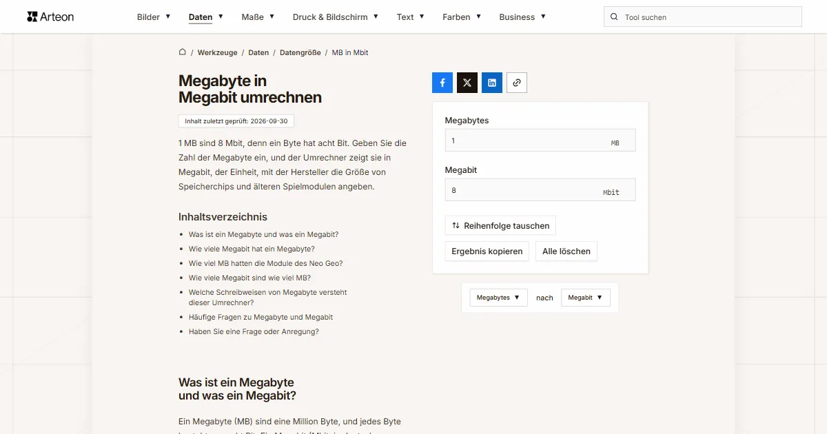 Screenshot des kostenlosen Arteon-Werkzeugs: Megabyte in Megabit umrechnen