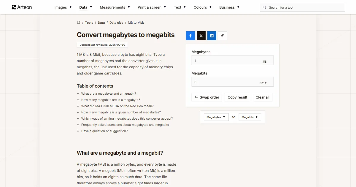 Arteon free tool screenshot: Convert megabytes to megabits