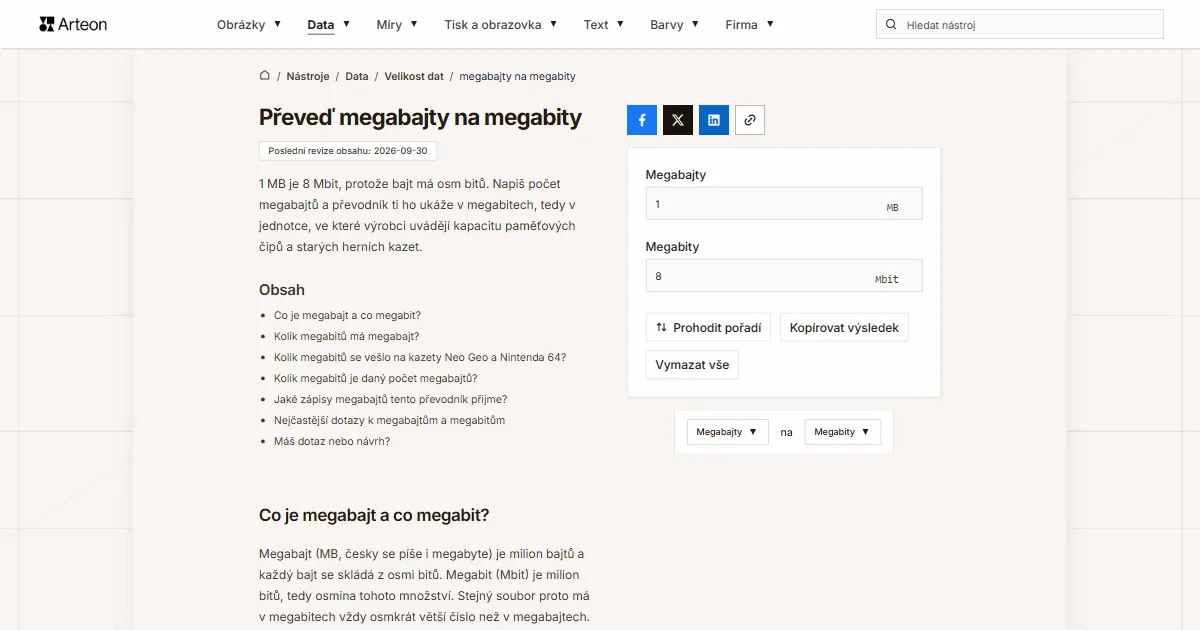 Snímek obrazovky bezplatného nástroje Arteon: Převeď megabajty na megabity