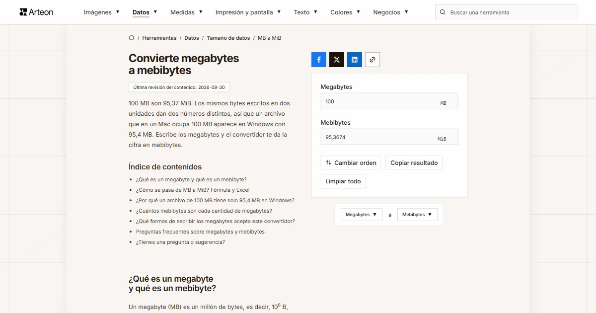 Captura de pantalla de la herramienta gratuita de Arteon: Convierte megabytes a mebibytes