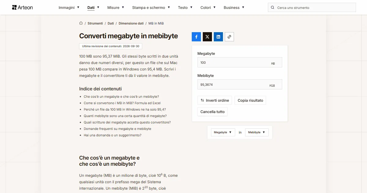 Screenshot dello strumento gratuito Arteon: Converti megabyte in mebibyte