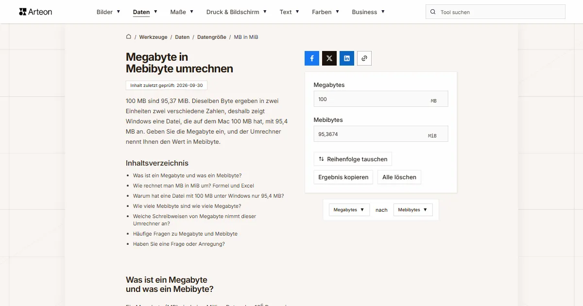 Screenshot des kostenlosen Arteon-Werkzeugs: Megabyte in Mebibyte umrechnen