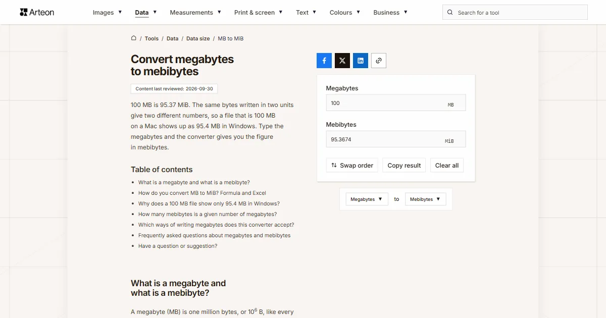 Arteon free tool screenshot: Convert megabytes to mebibytes