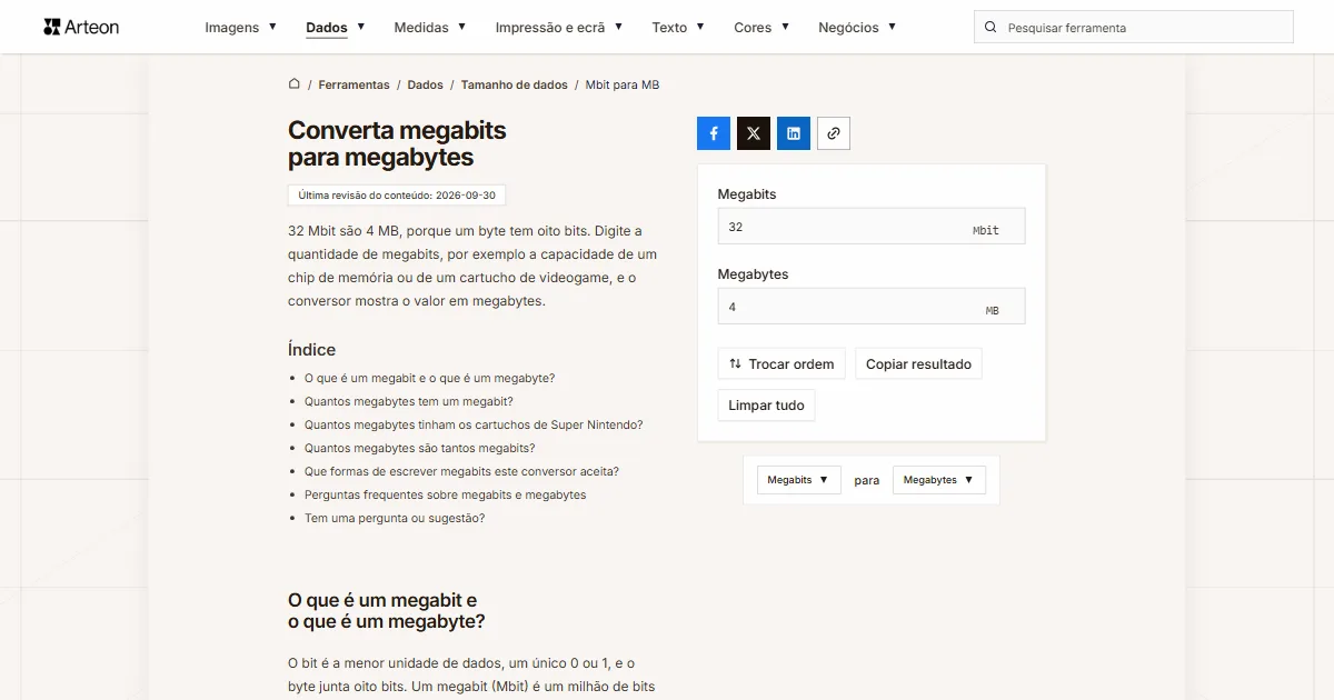 Captura de ecrã da ferramenta gratuita da Arteon: Converta megabits para megabytes