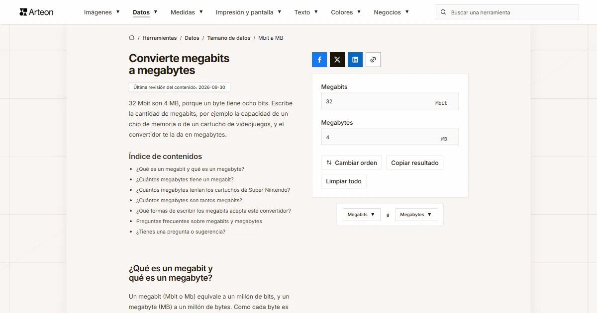 Captura de pantalla de la herramienta gratuita de Arteon: Convierte megabits a megabytes